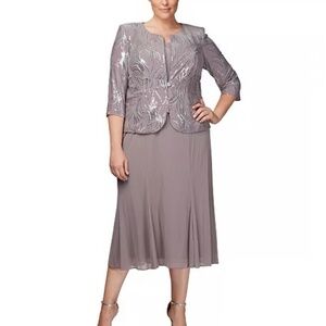 NWT Alex Evenings Women's Pewter/Frost Tea Length Jacket Dress - size 20W